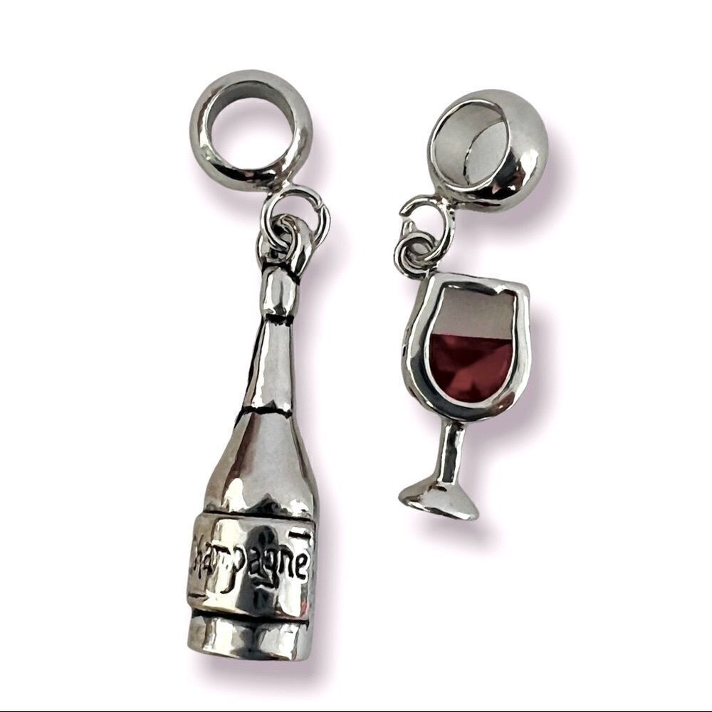Champagne Bottle Wine Glass Silver Charms Set